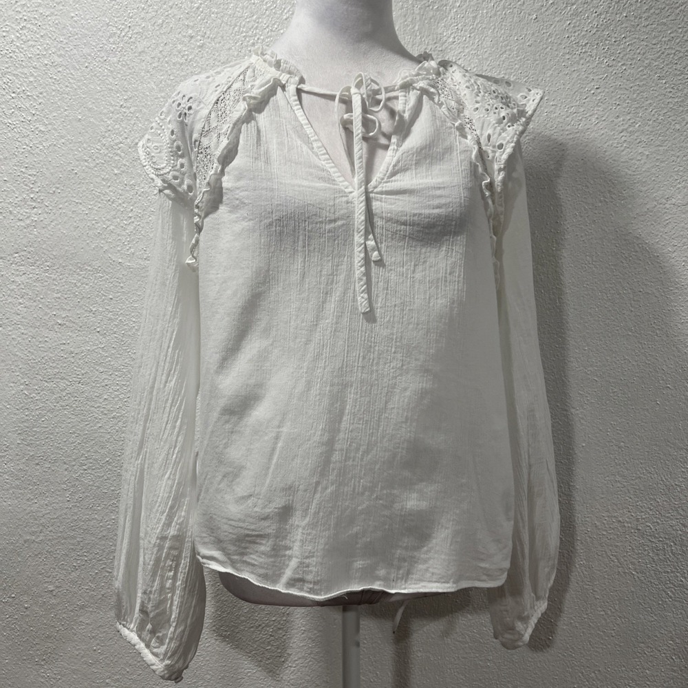 INC International Concepts Women's Washed White Eyelet Trim Top Size L